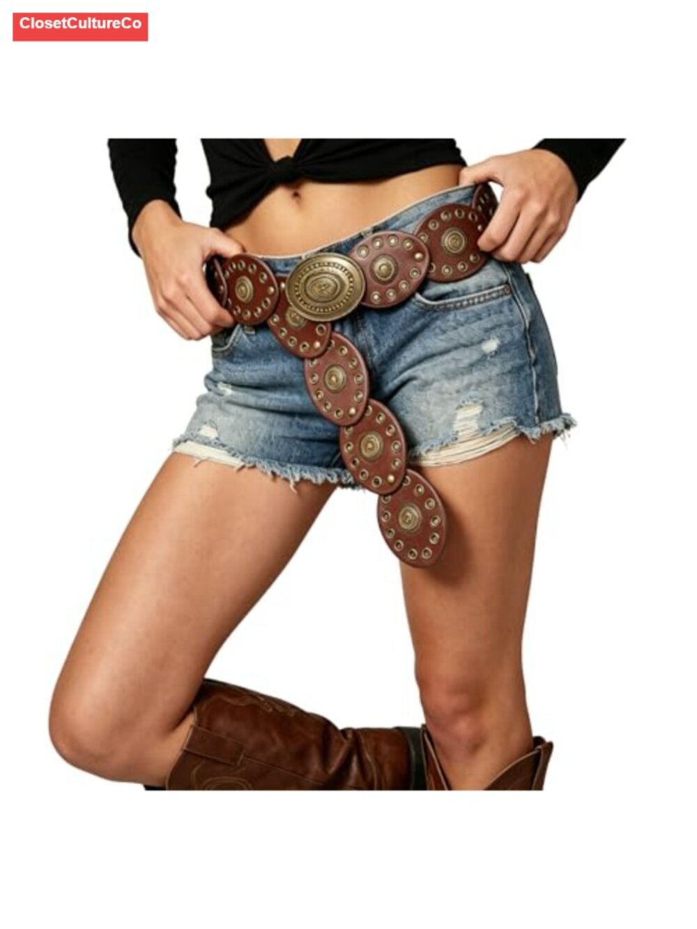 Wide Western Belt PU Leather Boho Cowgirl Waist Belt for Jeans Dress